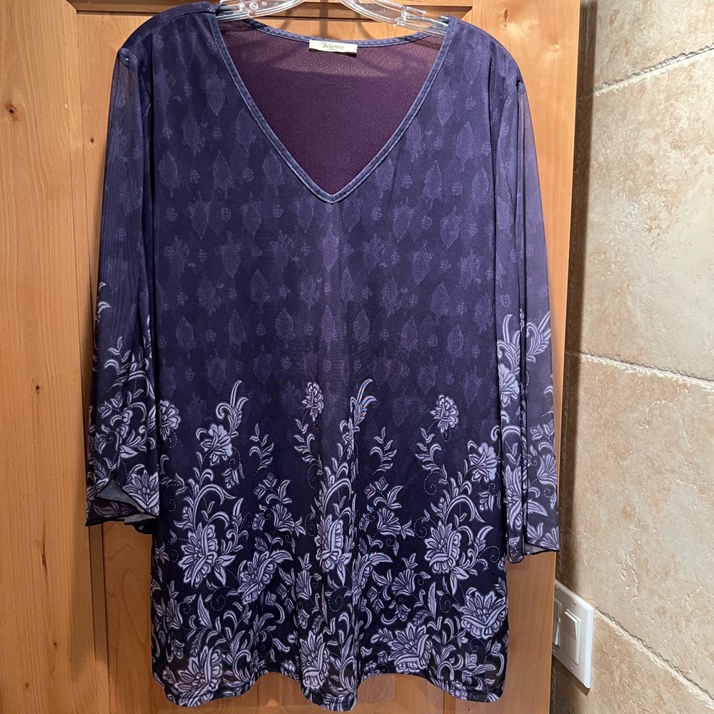 Bebonnie Floral V-Neck Women's Tunic Top XXXL - Purple. Lined.